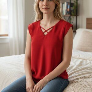 Meraki Red Sleeveless Blouse Women’s Size S Criss Cross V-Neck Top